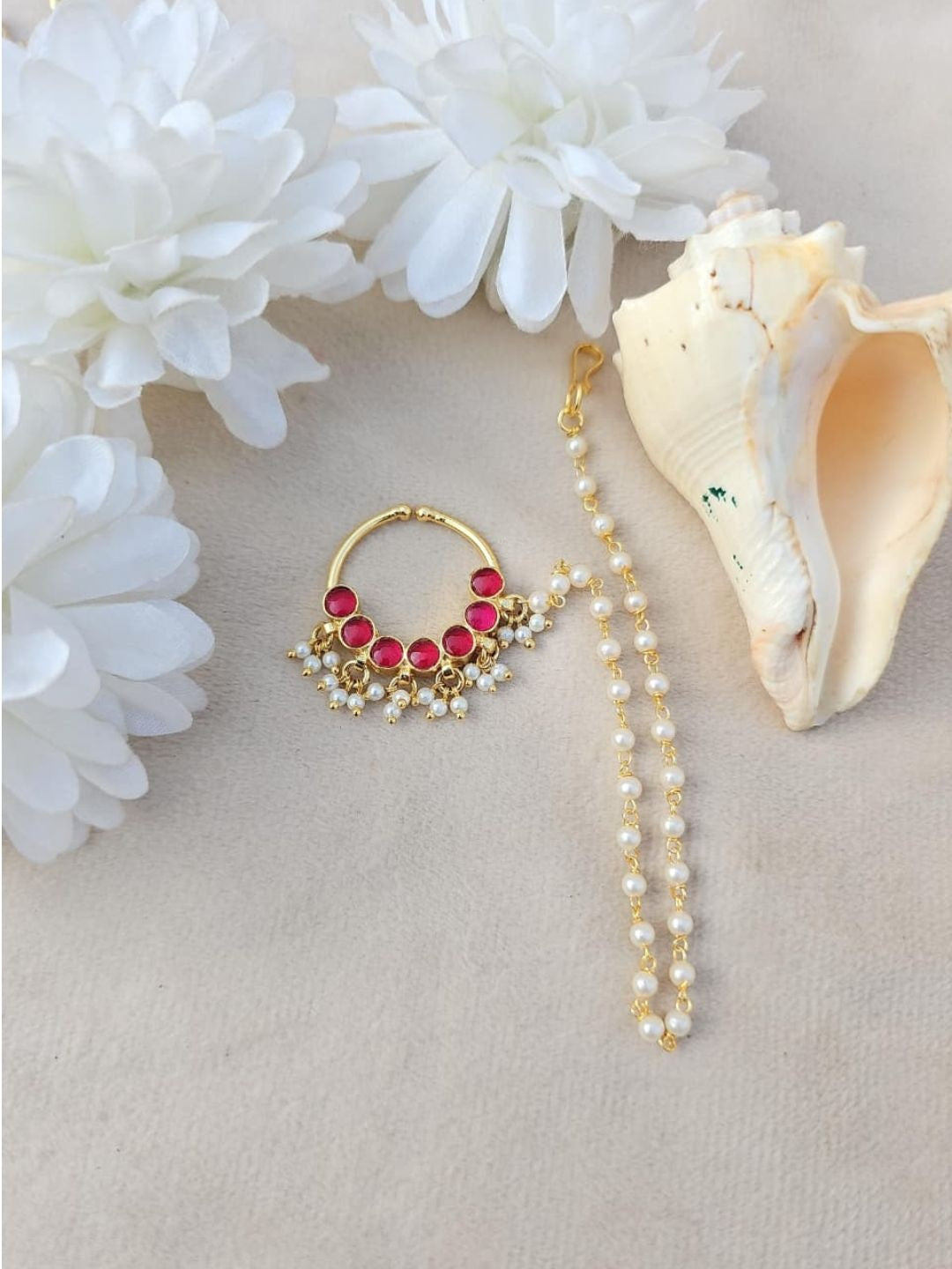 Ishhaara Red Kundan Nath Pearl Mala Set - handcrafted Indian jewellery