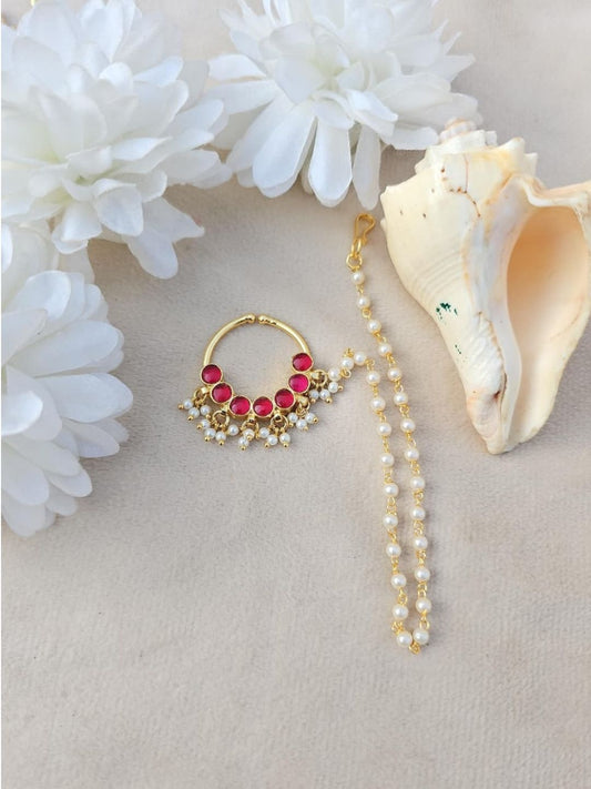 Ishhaara Red Kundan Nath Pearl Mala Set - handcrafted Indian jewellery