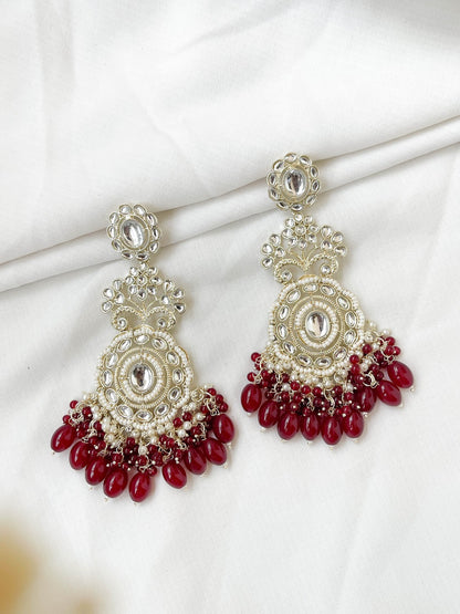 Ishhaara Red Kundan Polki And Pearl Drop Chandbaali Earrings