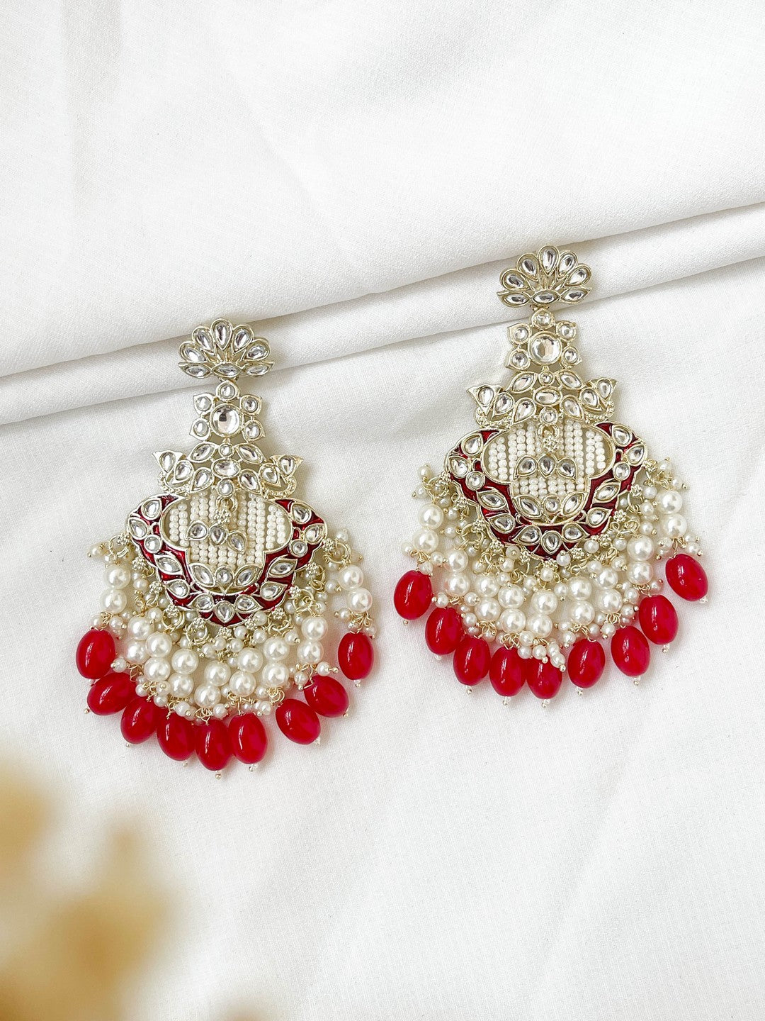 Ishhaara Red Kundan Polki And Pearl Drop Chandbaali Earrings