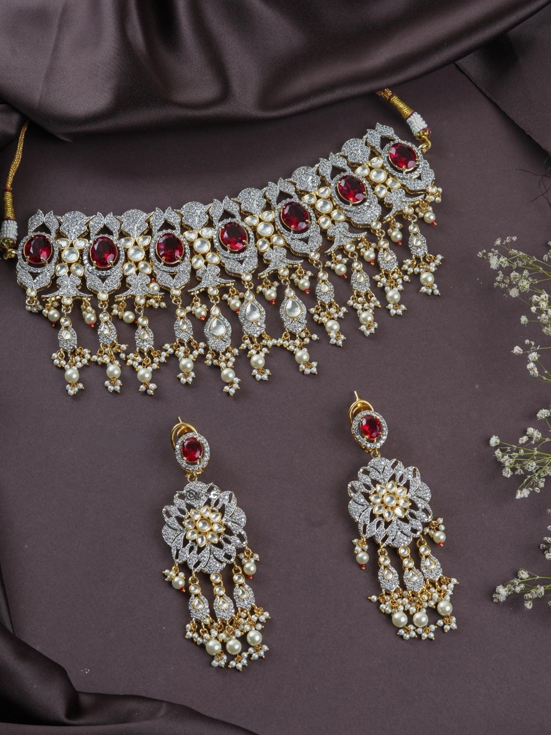 Ishhaara Red Kundan Polki Handmade Choker Necklace Set