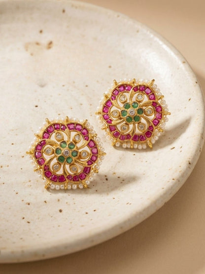 Ishhaara Red Kundan Polki Stud Earrings