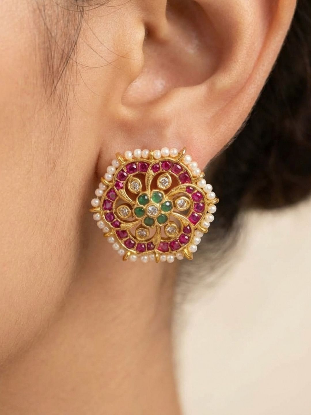 Ishhaara Red Kundan Polki Stud Earrings