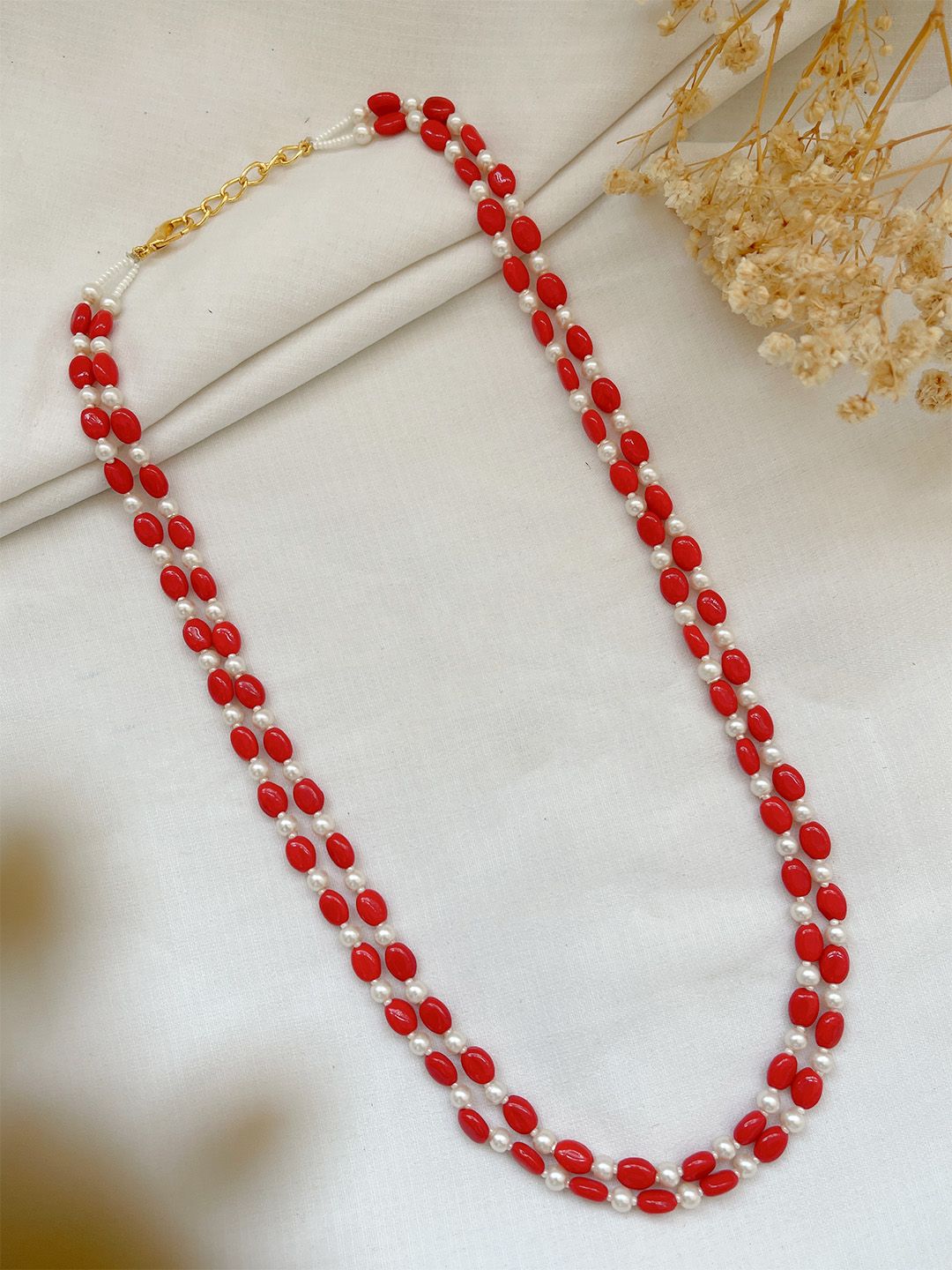 Ishhaara Red Layered Pumpkin Beads And Pearl Studded Mala