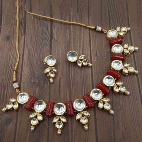 Ishhaara Red Long Bead Kundan Motif Necklace Set