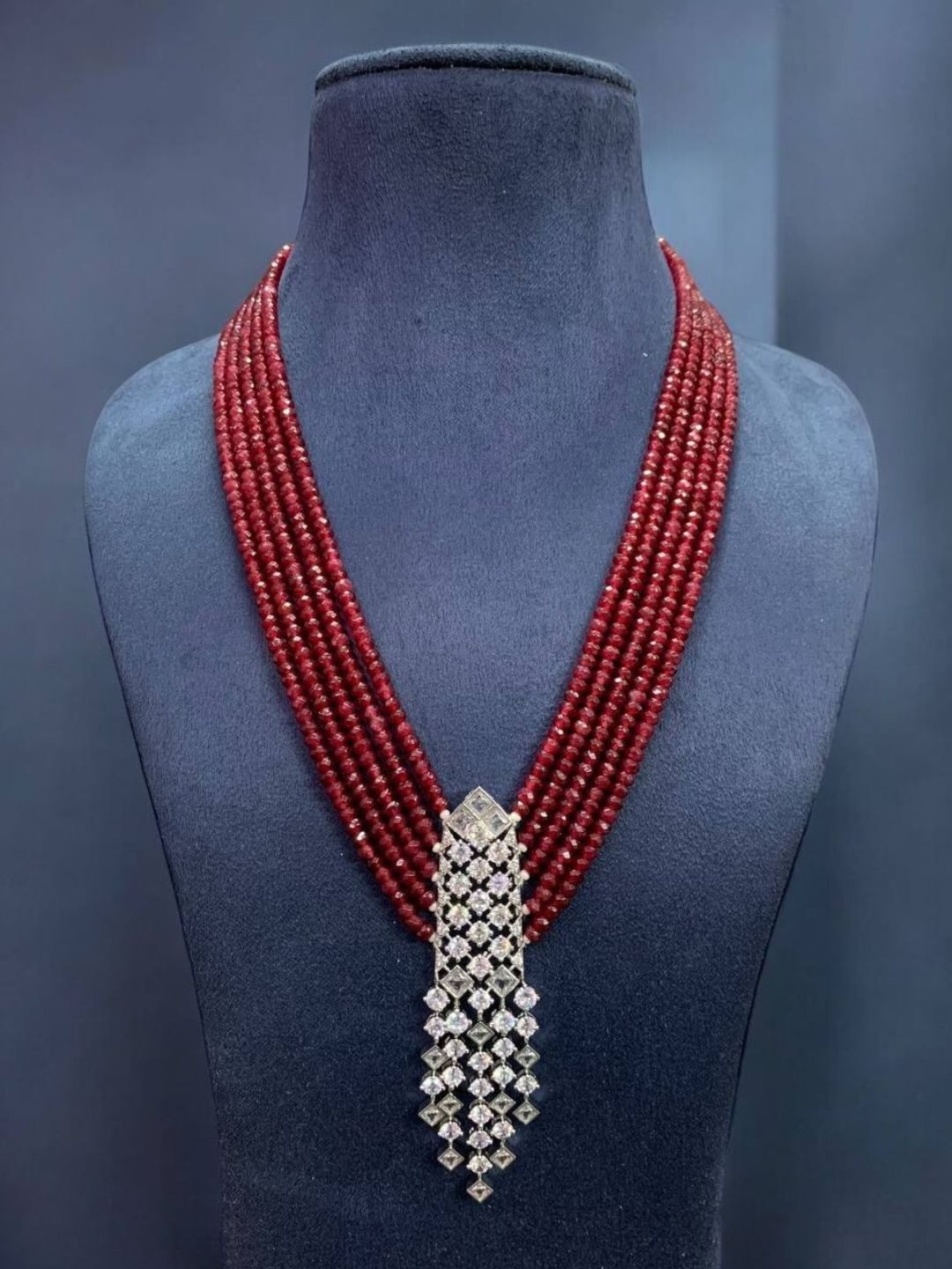 Ishhaara Red Long Beaded Diamond Pendant Necklace