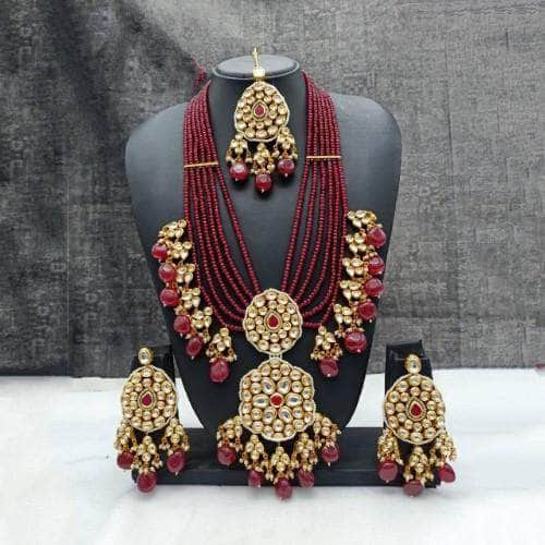 Ishhaara Red Long Dual Pendant Necklace Earring And Teeka Set