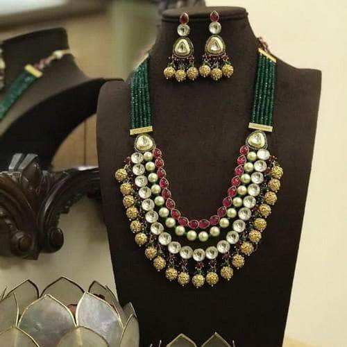 Ishhaara Green Long Polki Pearl Onex Layered Necklace Set