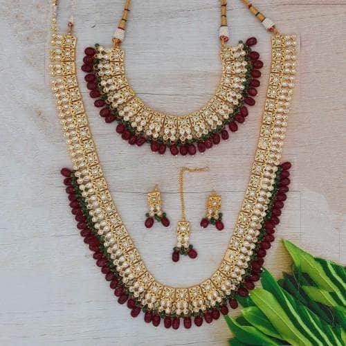 Ishhaara Red Long Short Square Kundan Necklace Set