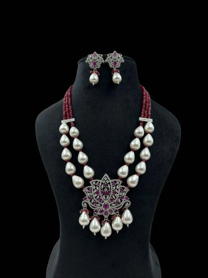 Ishhaara Red Lotus Shaped Pendant Studded Long Necklace