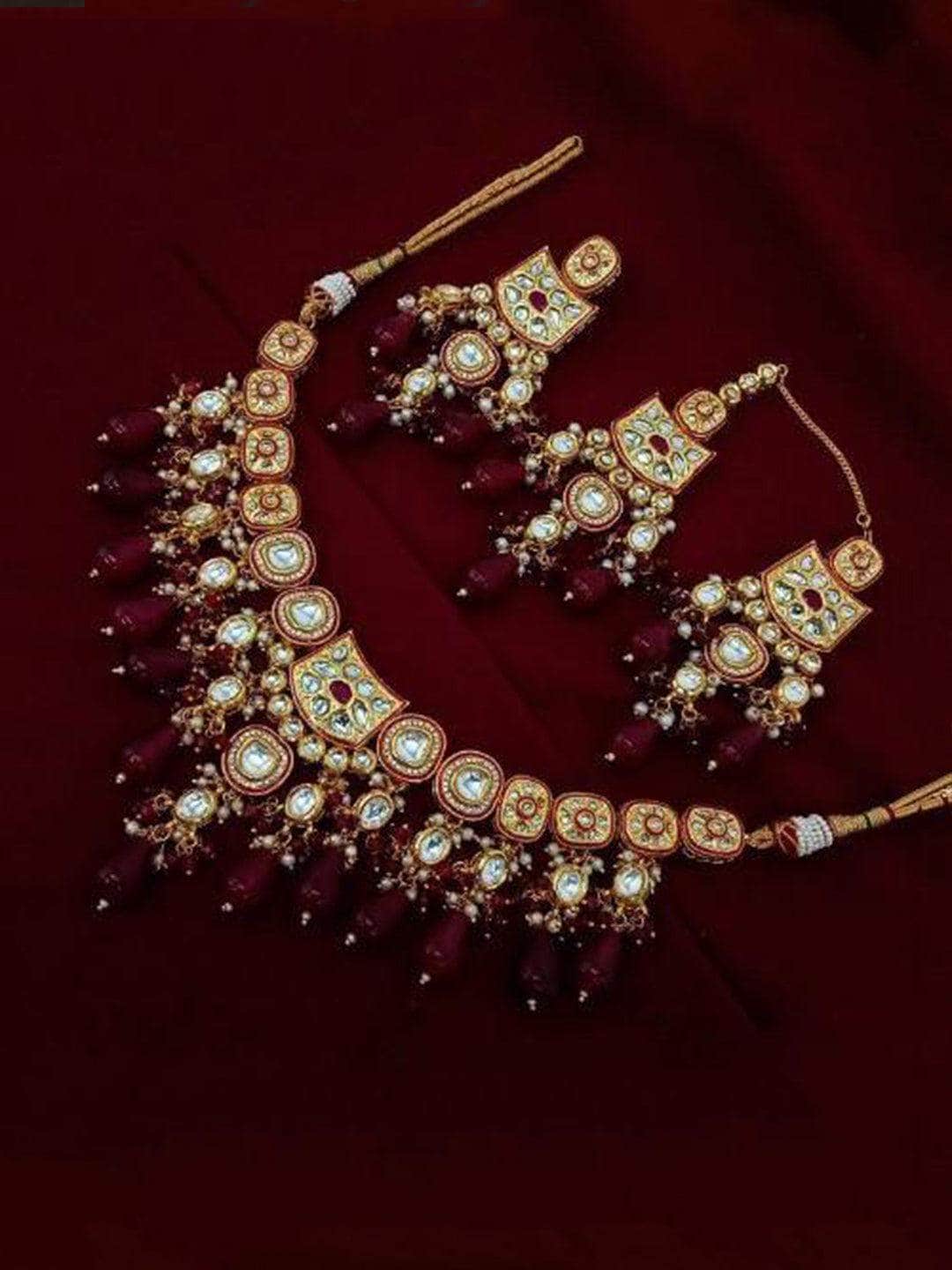 Ishhaara Red Meena AD Jadau Kundan Necklace Earring And Teeka Set