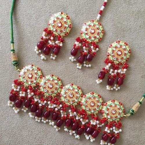 Ishhaara Red Meena Round Colored Choker Earring And Teeka Set