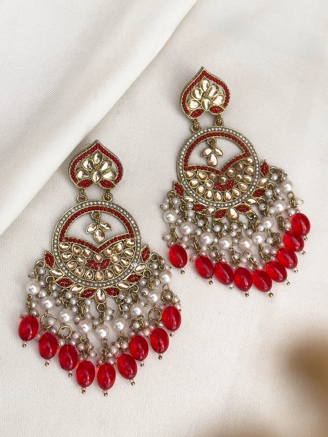 Ishhaara Red Meenakari Kundan Studded Chandbali Earrings