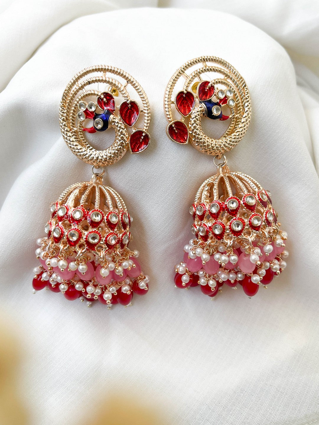 Ishhaara Red Meenakari Peacock Jhumka