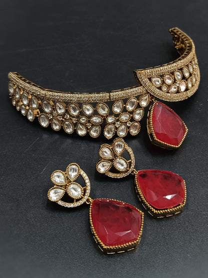 Ishhaara Red Moissanate Polki Kundan Victorian Finish Choker Necklace
