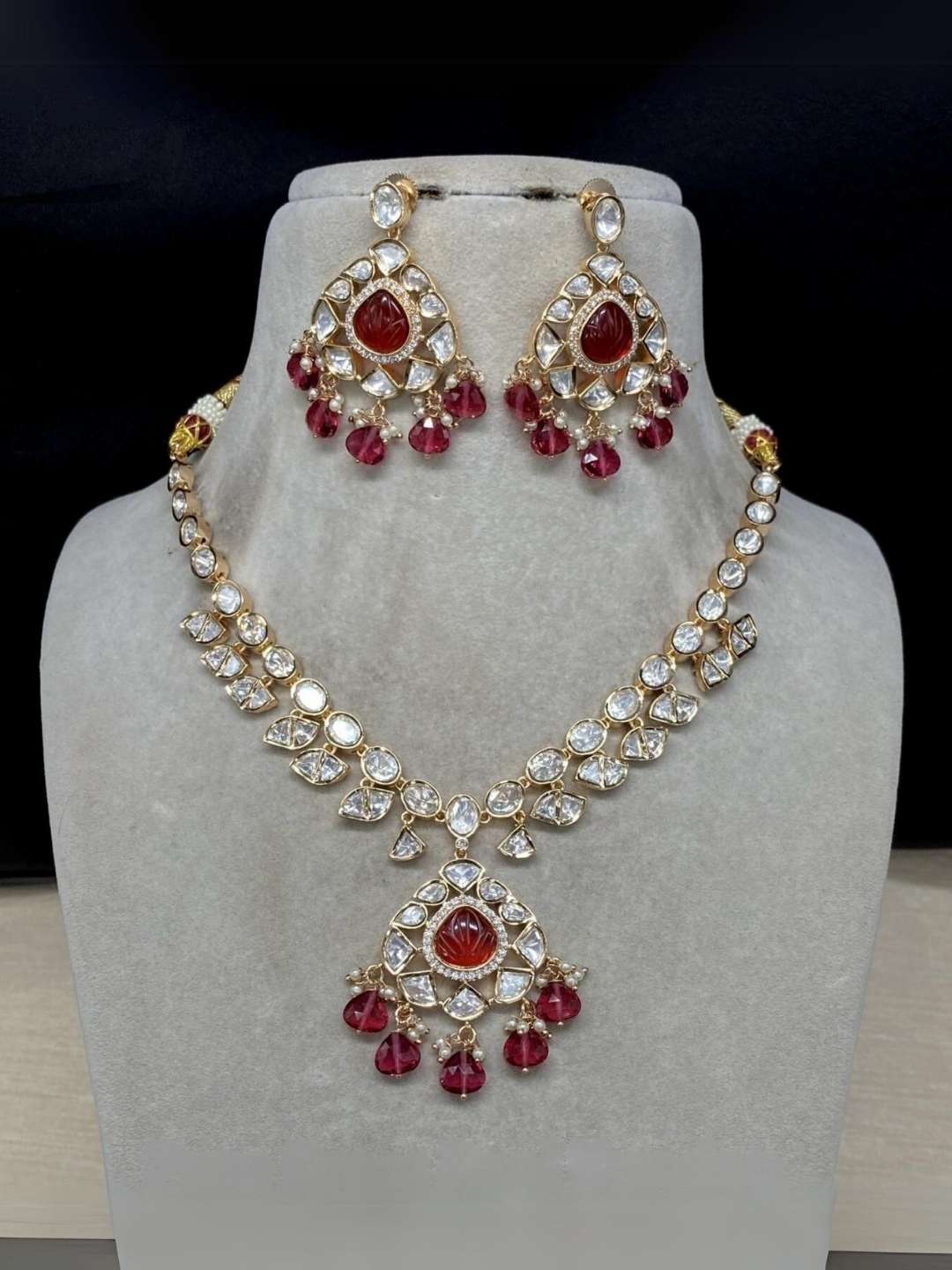 Ishhaara Red Moissanite Gold Plated Necklace Set