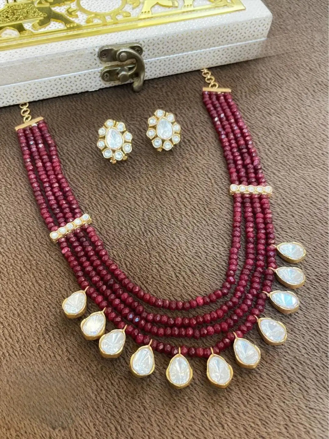 Ishhaara Red Moissanite Polki Premium Layered Necklace