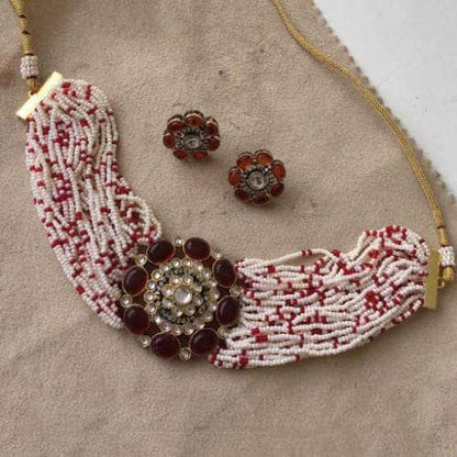 Ishhaara Moti Colored Round Patch Choker And Earring Set