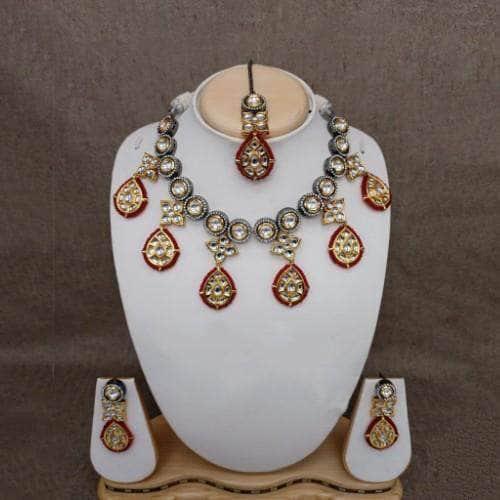 Ishhaara Multi Jadau Drop Split Necklace Earring And Teeka Set