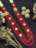 Ishhaara Red Multi Layered Beaded Kundan Polki Long Necklace