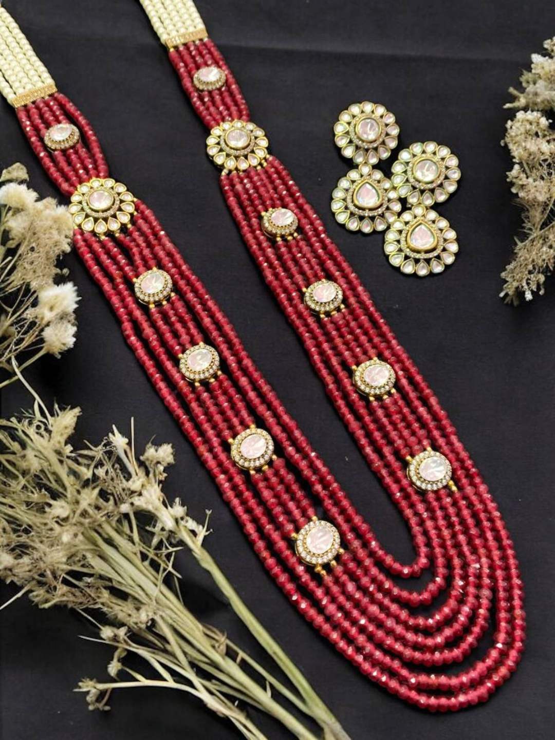 Ishhaara Red Multi Layered Beaded Kundan Polki Long Necklace