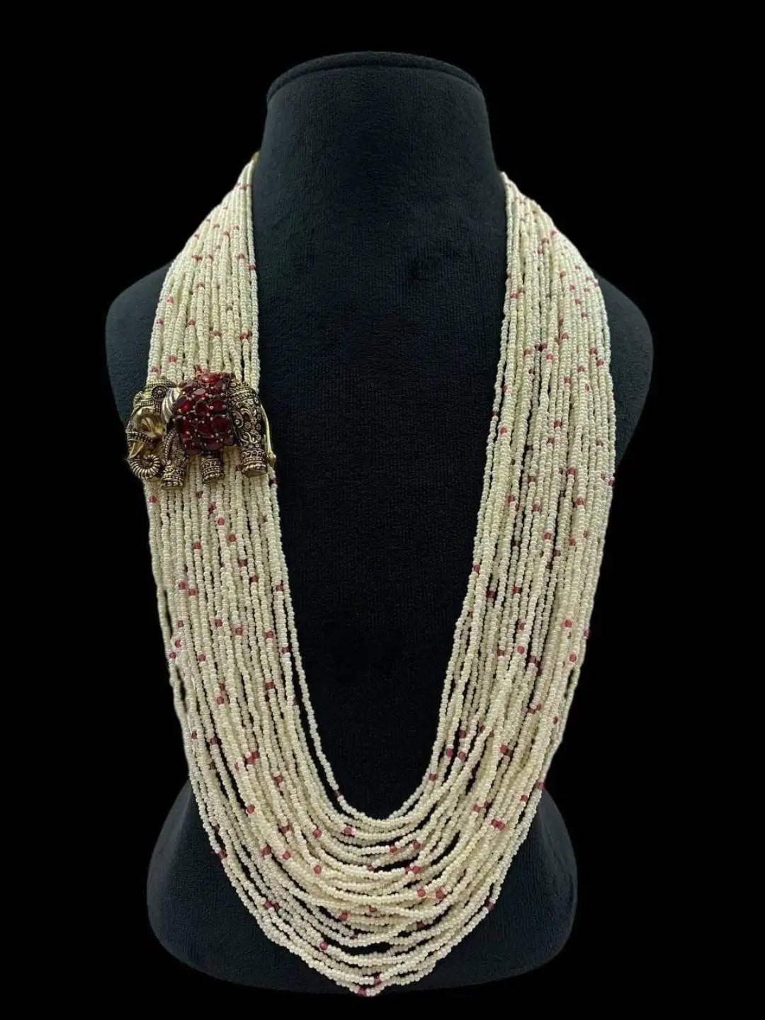 Ishhaara Red Multi Layered Faux Pearl Beads Long Necklace