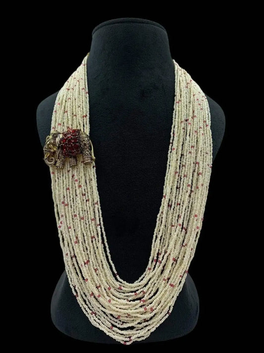 Ishhaara Red Multi Layered Faux Pearl Beads Long Necklace