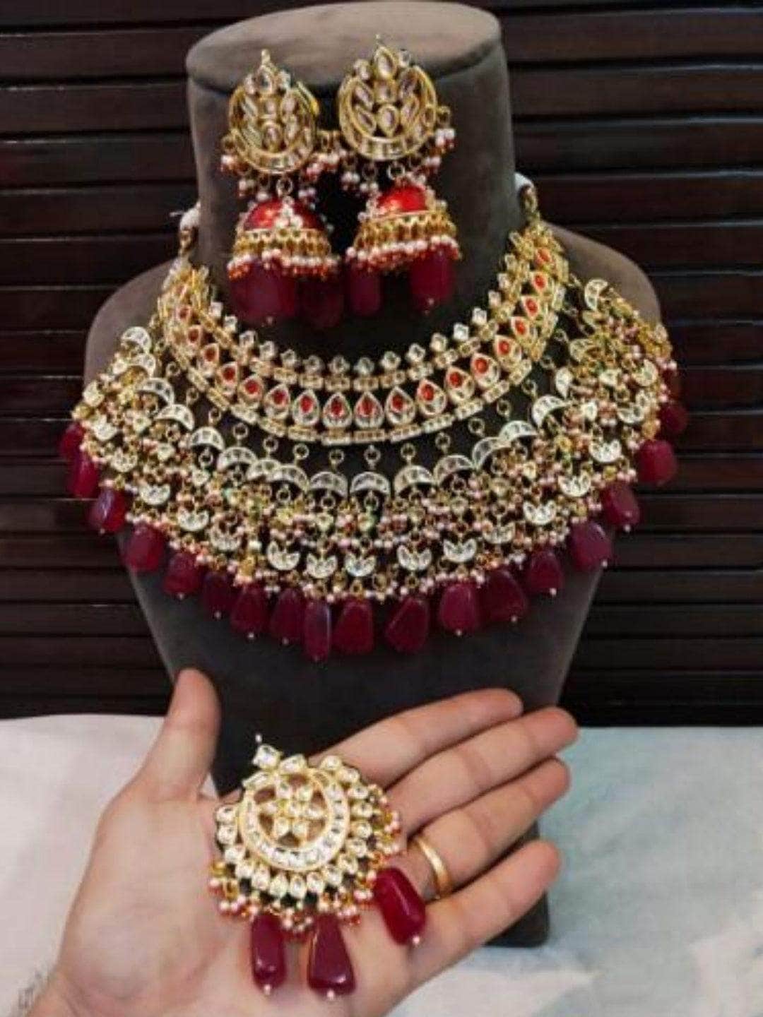 Ishhaara Red Multi Snap Chand Bridal Necklace Earring And Teeka Set