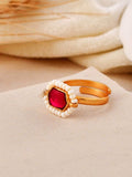 Ishhaara Red Oblong Kundan Pearl Ring-Red