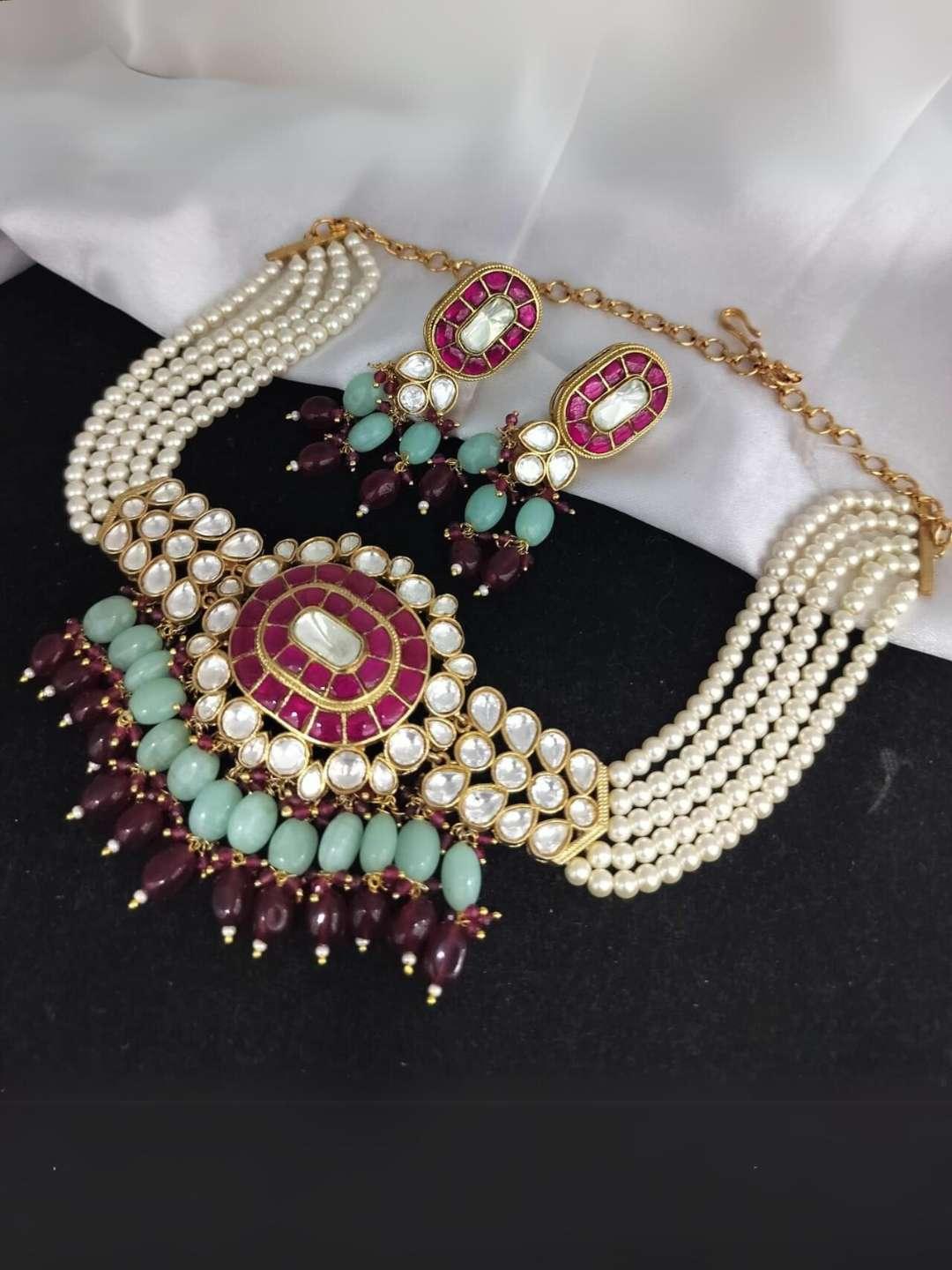 Ishhaara Green Pachi Kundan Pearl Studded Choker Necklace