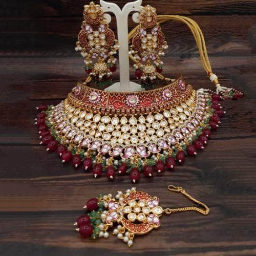 Ishhaara Red Pastel Single Tone Choker Necklace Set