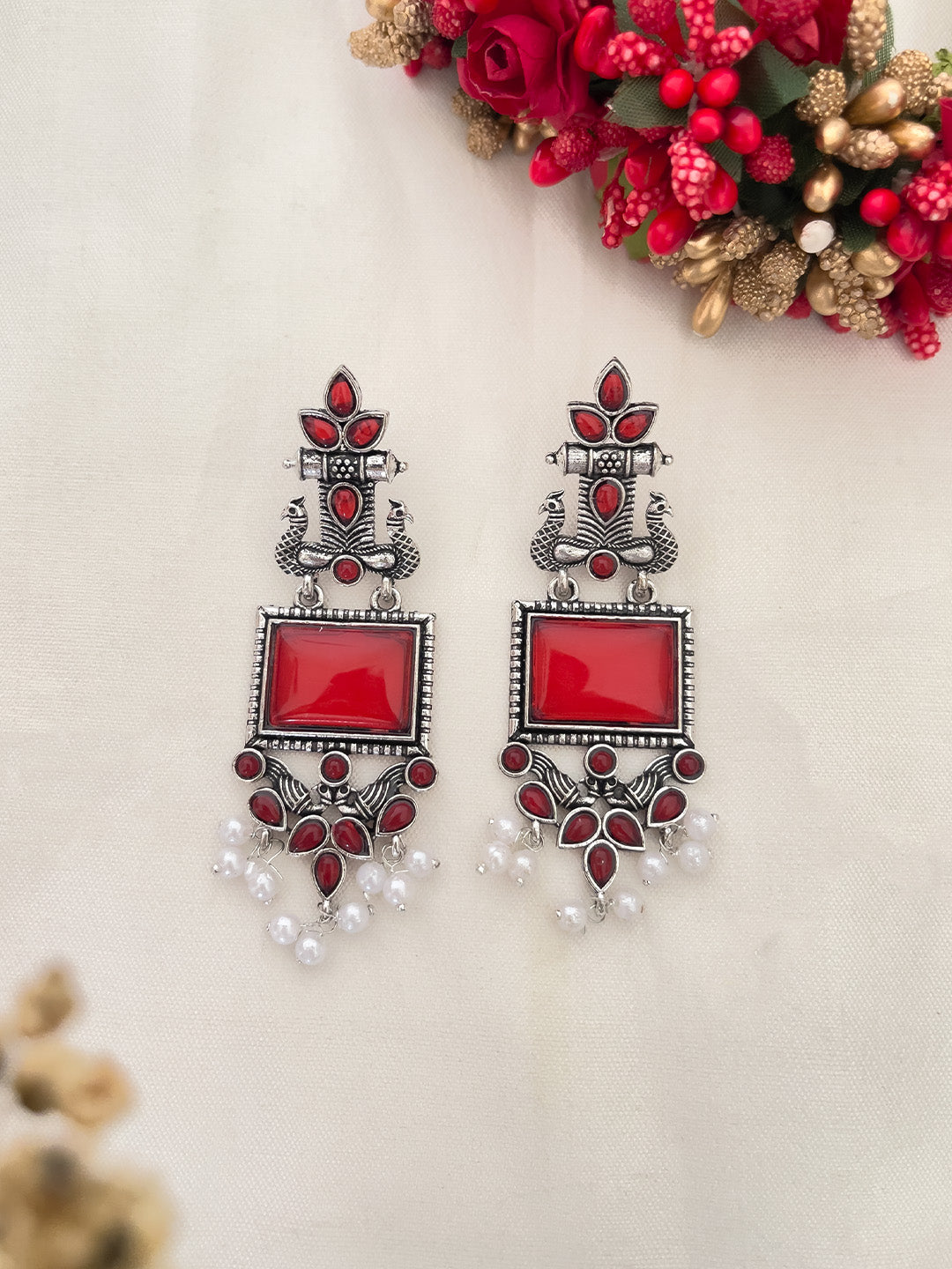 Ishhaara Red Peacock Silver Oxidised Earring