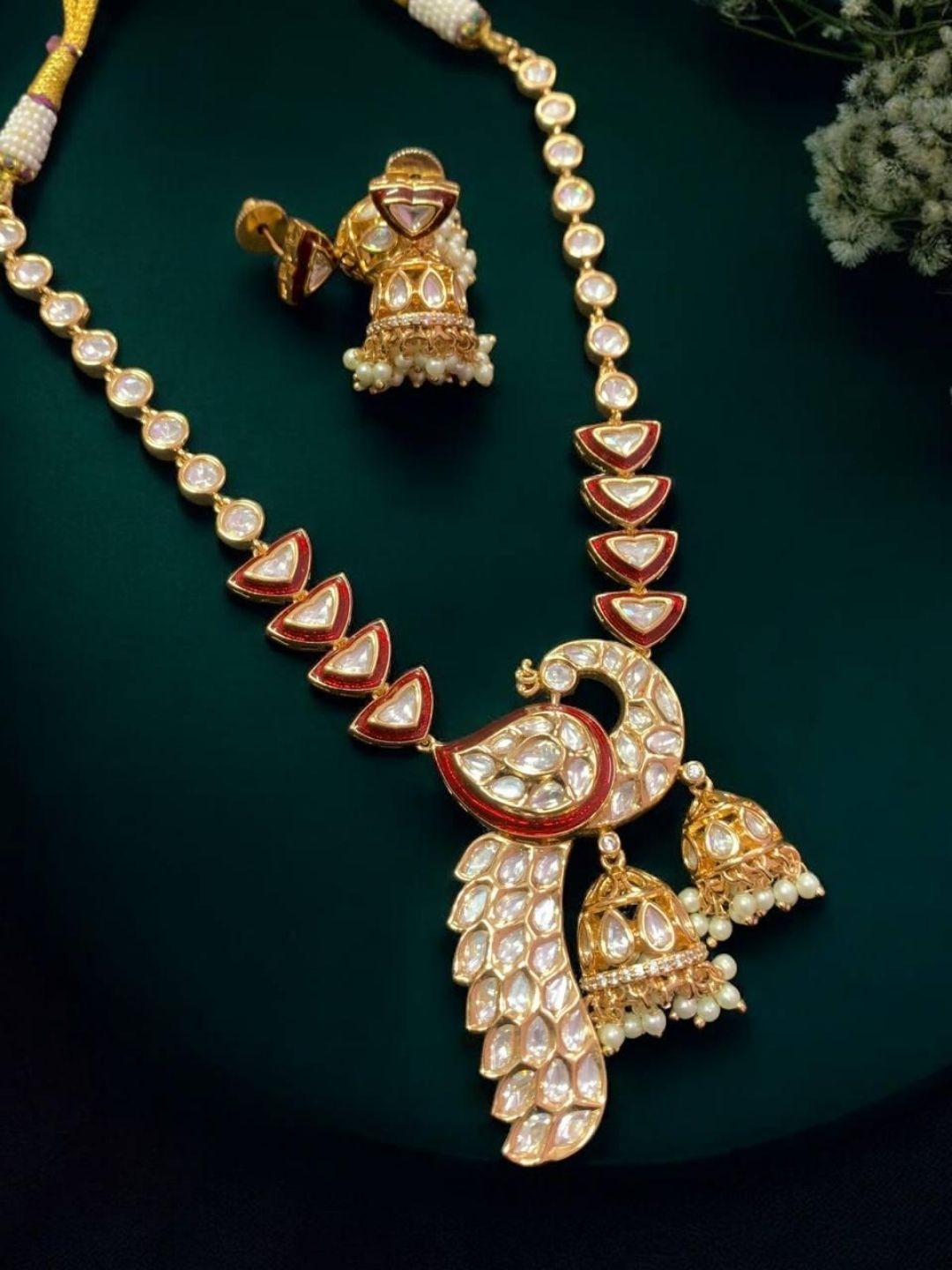 Ishhaara Red Peacock Studded Polki Pendant Necklace