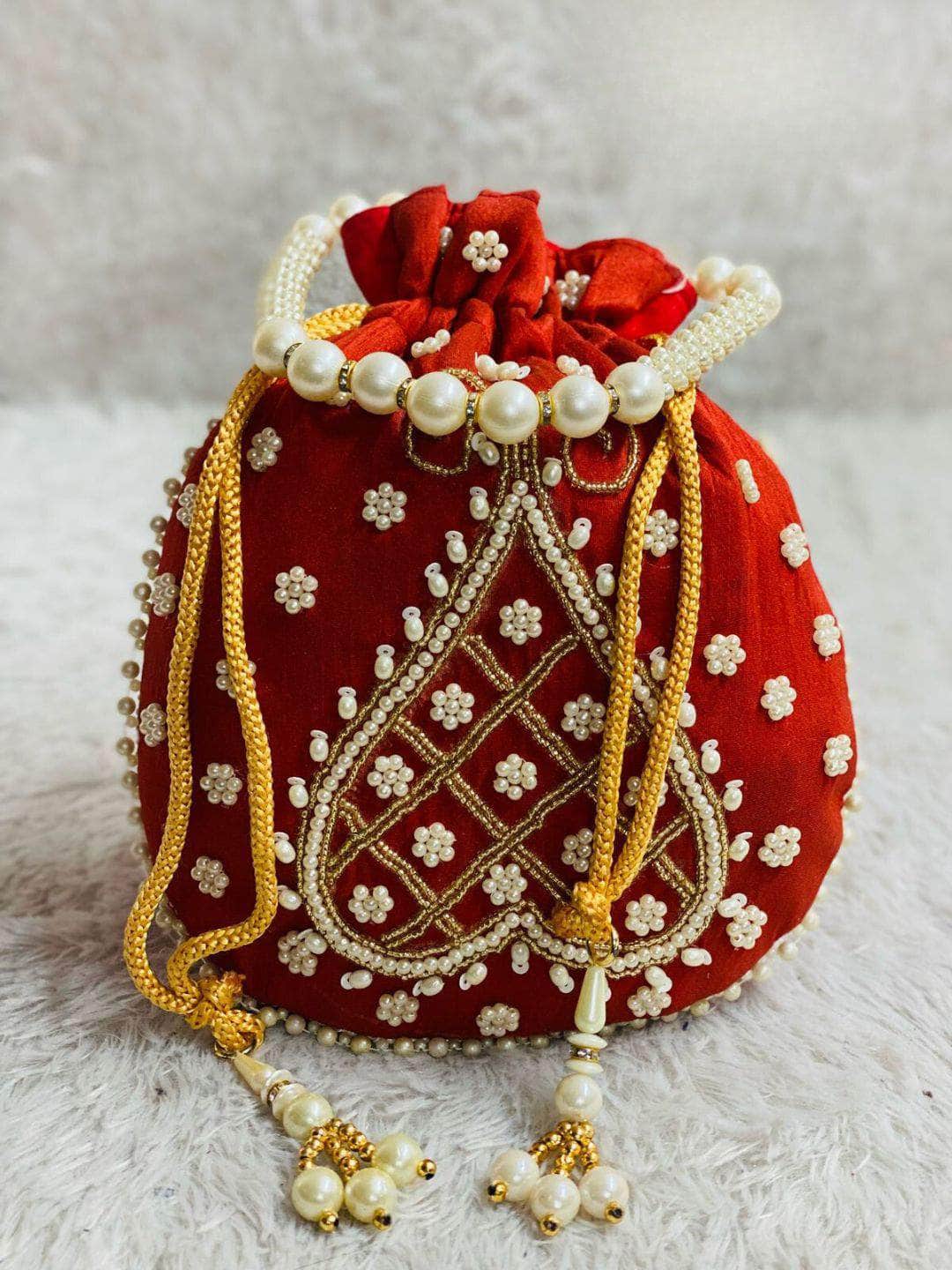 Ishhaara Red Pearl Beaded Potli Bags