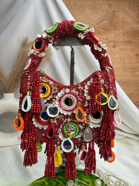 Ishhaara Red Pearl Blossom Delight Clutch Moon Bag