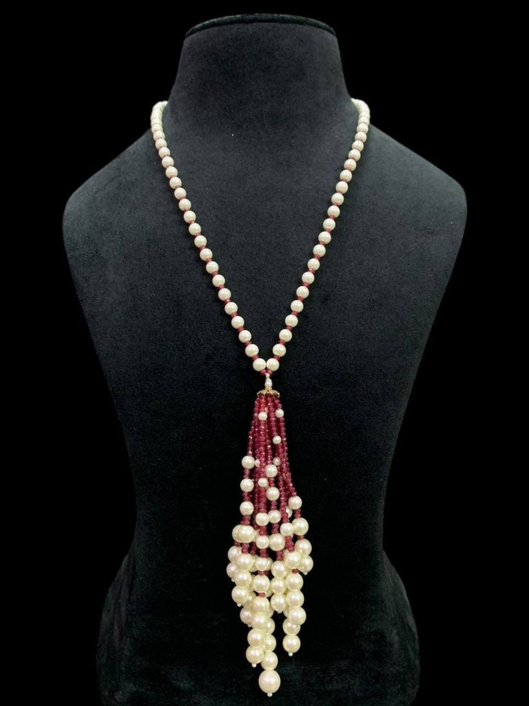 Ishhaara Red Pearl Studded Tassel Pendant