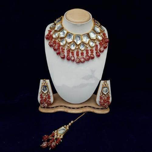 Ishhaara Red Pentagon Drop Tassel Necklace And Earring Set