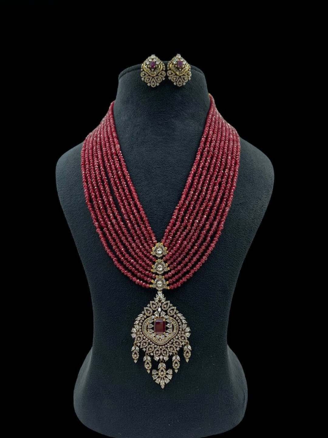 Ishhaara Red Polki Long Beaded Diamond Necklace Set