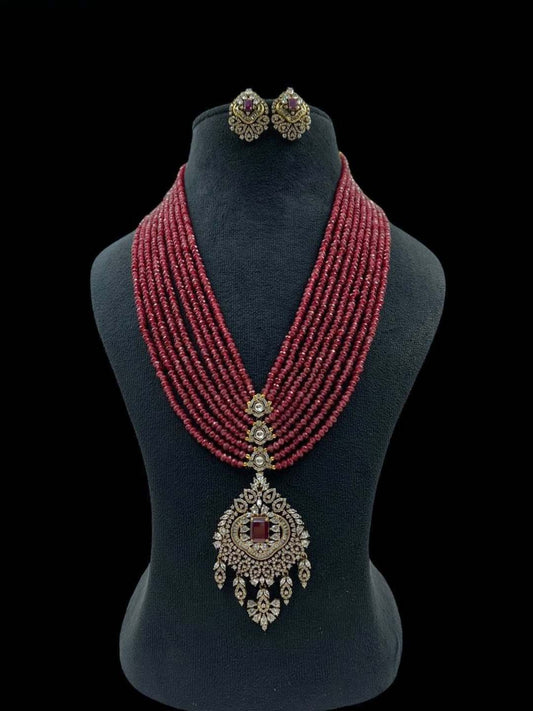Ishhaara Red Polki Long Beaded Diamond Necklace Set