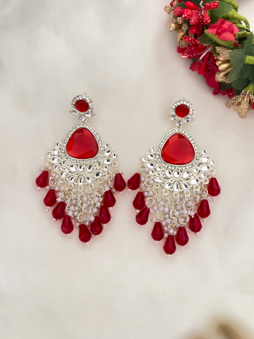 Ishhaara Red Polki Stone Kundan Chandbali Earring