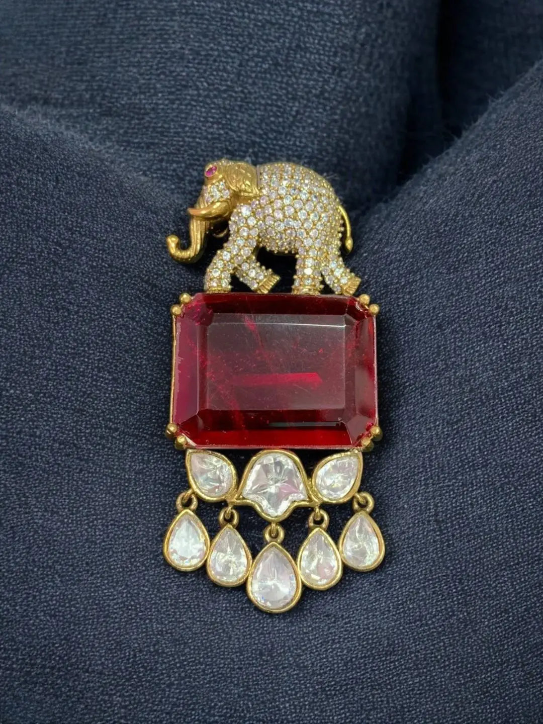 Ishhaara Red Polki Uncut Diamond Elephant Brooch