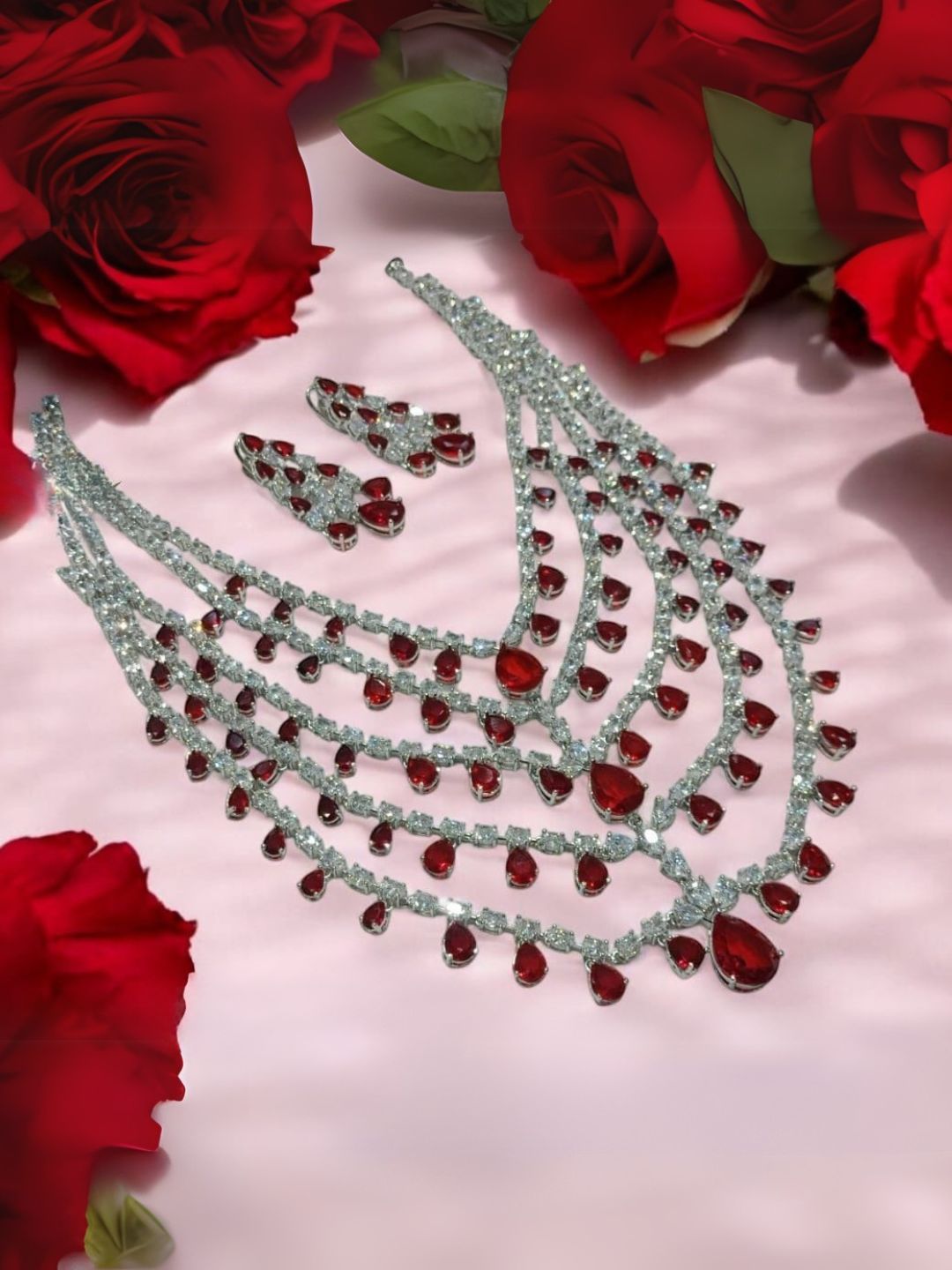 Ishhaara Red Premium Five Layered Long Bridal Necklace Set