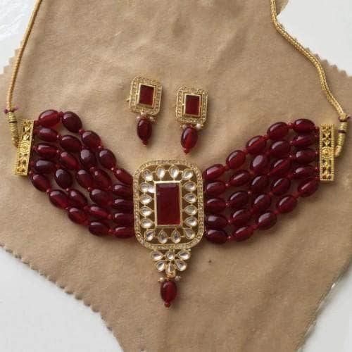 Ishhaara Red Rectangular Victorian Necklace Set