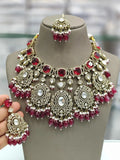 Ishhaara Red Regal Victorian Big Pendant Necklace With Maang Tikka