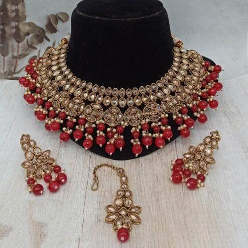 Ishhaara Red Reverse AD Pearls Necklace Earring And Teeka Set