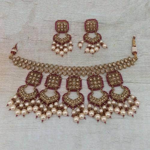 Ishhaara Red Reverse AD Square Bali Necklace And Earring Set