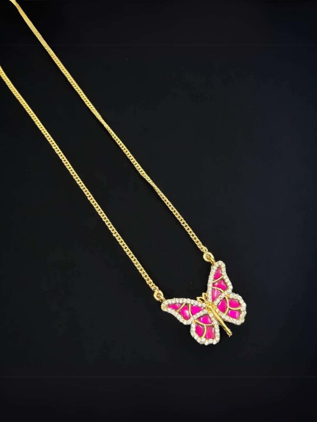Ishhaara Red Rhinestone Embellished Butterfly Pendant Necklace