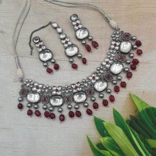 Ishhaara Red Rodium Big Kundan Leaf Necklace Earring And Teeka Set