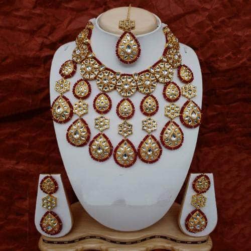 Ishhaara Red Round Chakra Tassel Drop Necklace Earring And Teeka Set