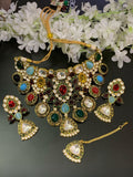 Ishhaara Red Sabyasachi Replica Semi Precious Navratan And Kundan Necklace Set